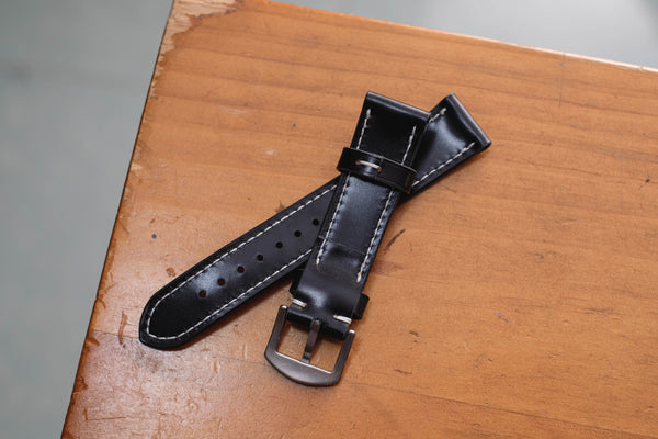 Schwarzes konisches Uhrenarmband aus Shell Cordovan-Leder (18, 20, 22 und 24 mm)