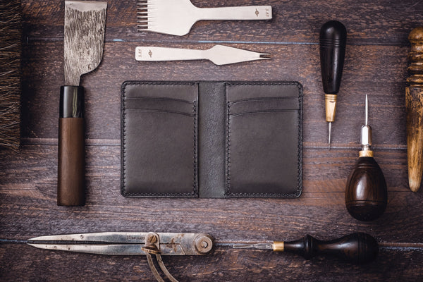 Black Shell Cordovan & Buttero Leather 4-Slot Vertical Card Wallet - Eternal Leather Goods