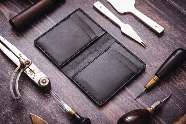 Black Shell Cordovan & Buttero Leather 4-Slot Vertical Card Wallet - Eternal Leather Goods