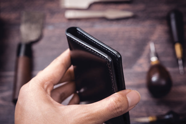Black Shell Cordovan & Buttero Leather 4-Slot Vertical Card Wallet - Eternal Leather Goods