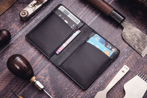 Black Shell Cordovan & Buttero Leather 4-Slot Vertical Card Wallet - Eternal Leather Goods