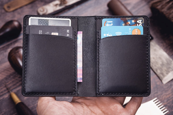 Black Shell Cordovan & Buttero Leather 4-Slot Vertical Card Wallet - Eternal Leather Goods