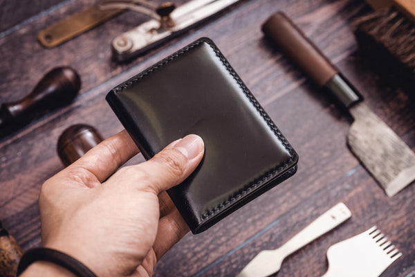 Black Shell Cordovan & Buttero Leather 4-Slot Vertical Card Wallet - Eternal Leather Goods