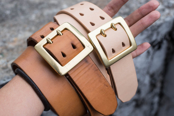 5 COLORS - Natural Vegetable-tanned Leather Stitched Double Garrison Belt (1.5 inch, 38 mm wide)