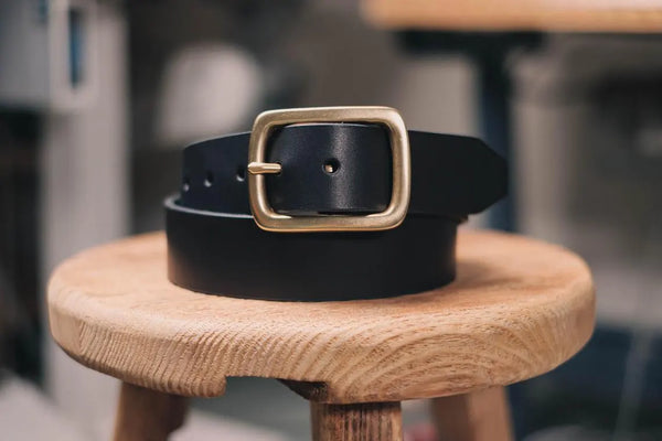 Full-grain Black Leather Garrison Belt - 1.5 inch wide with solid brass buckle