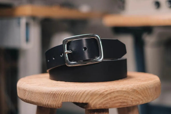 Black Vegetable-tanned Leather Garrison Belt - front view with Stainless Steel Buckle