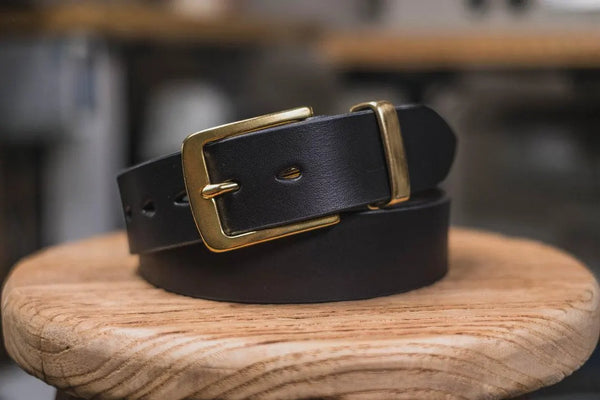 Black Vegetable-tanned Leather Standard Belt - front view with solid brass buckle and belt loop