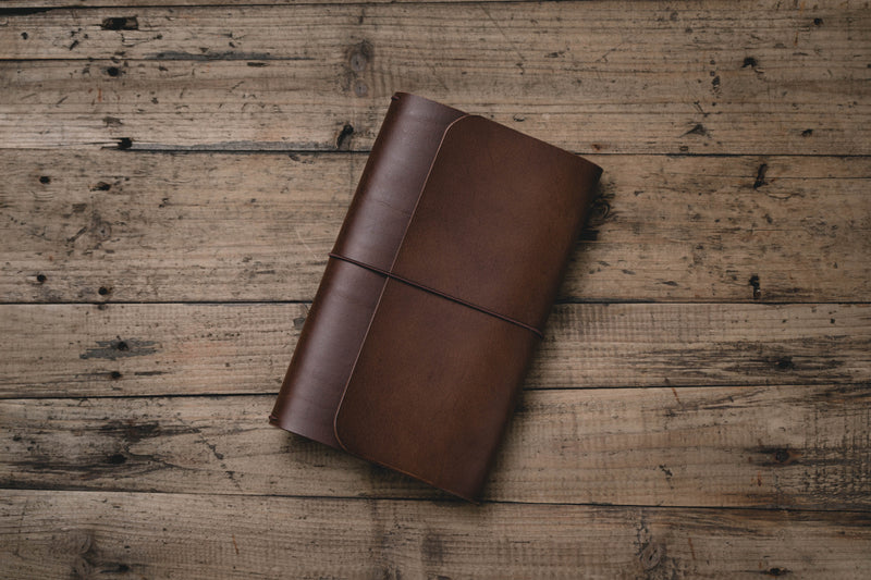 Brown Buttero Leather Trifold Traveler's Notebook Cover with brown elastic