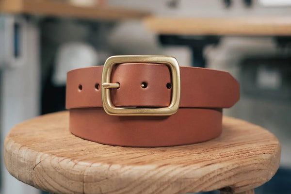 Full-grain brown Leather Garrison Belt - 1.5 inch wide with solid brass buckle