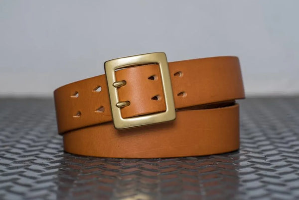 Brown stitched double leather garrison belt - Front view with solid brass buckle and teardrop holes