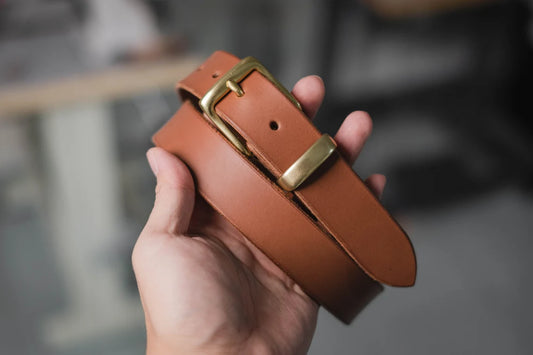 Brown Vegetable-tanned Leather Dress Belt with a solid brass buckle and solid brass belt loop  - Front View - 30mm
