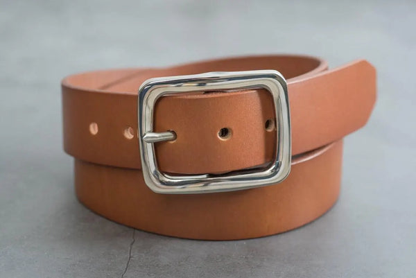 Brown Vegetable-tanned Leather Garrison Belt - Front view with Stainless Steel Buckle