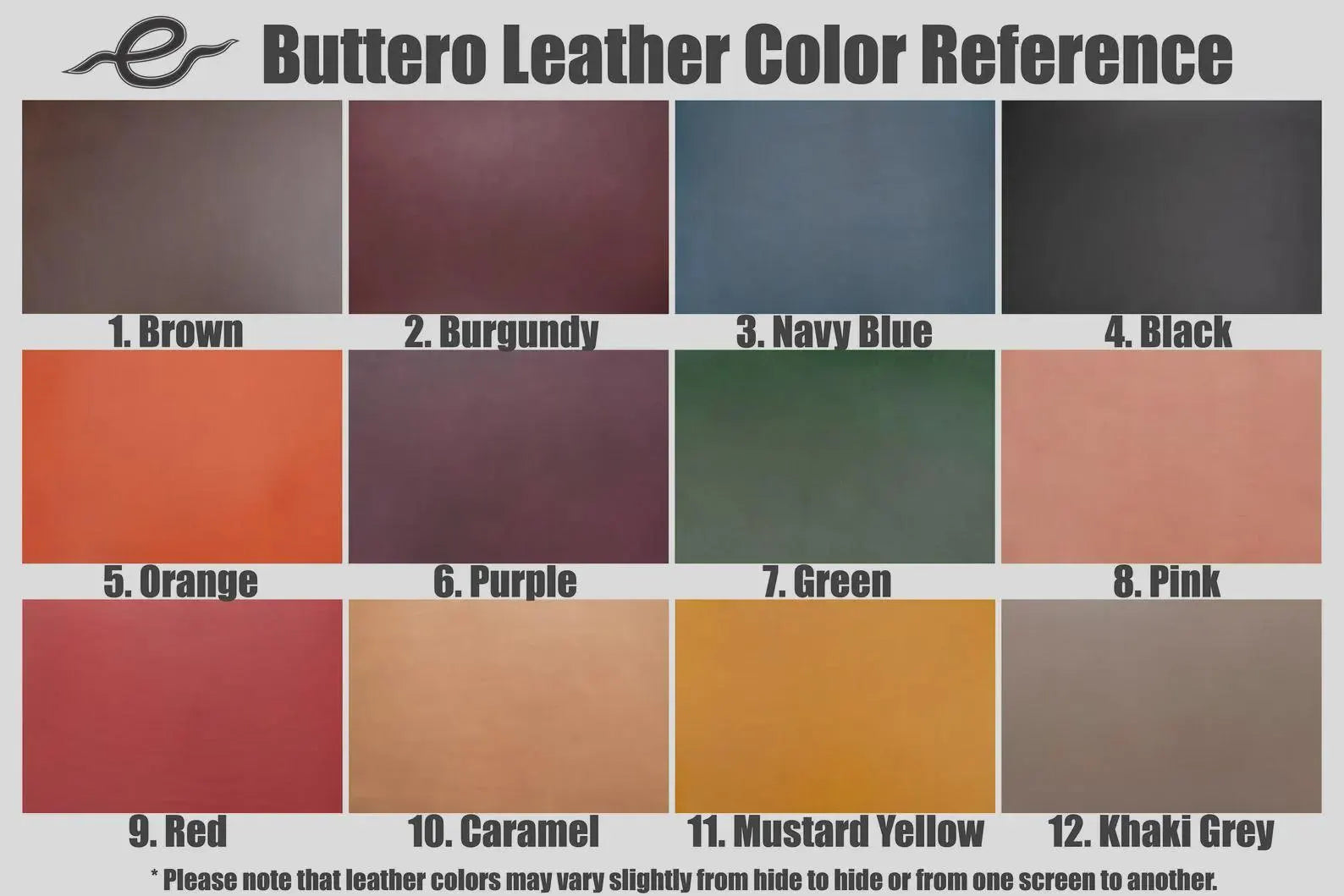 Buttero Leather Color Reference chart with 12 color swatches labeled from 1 to 12.