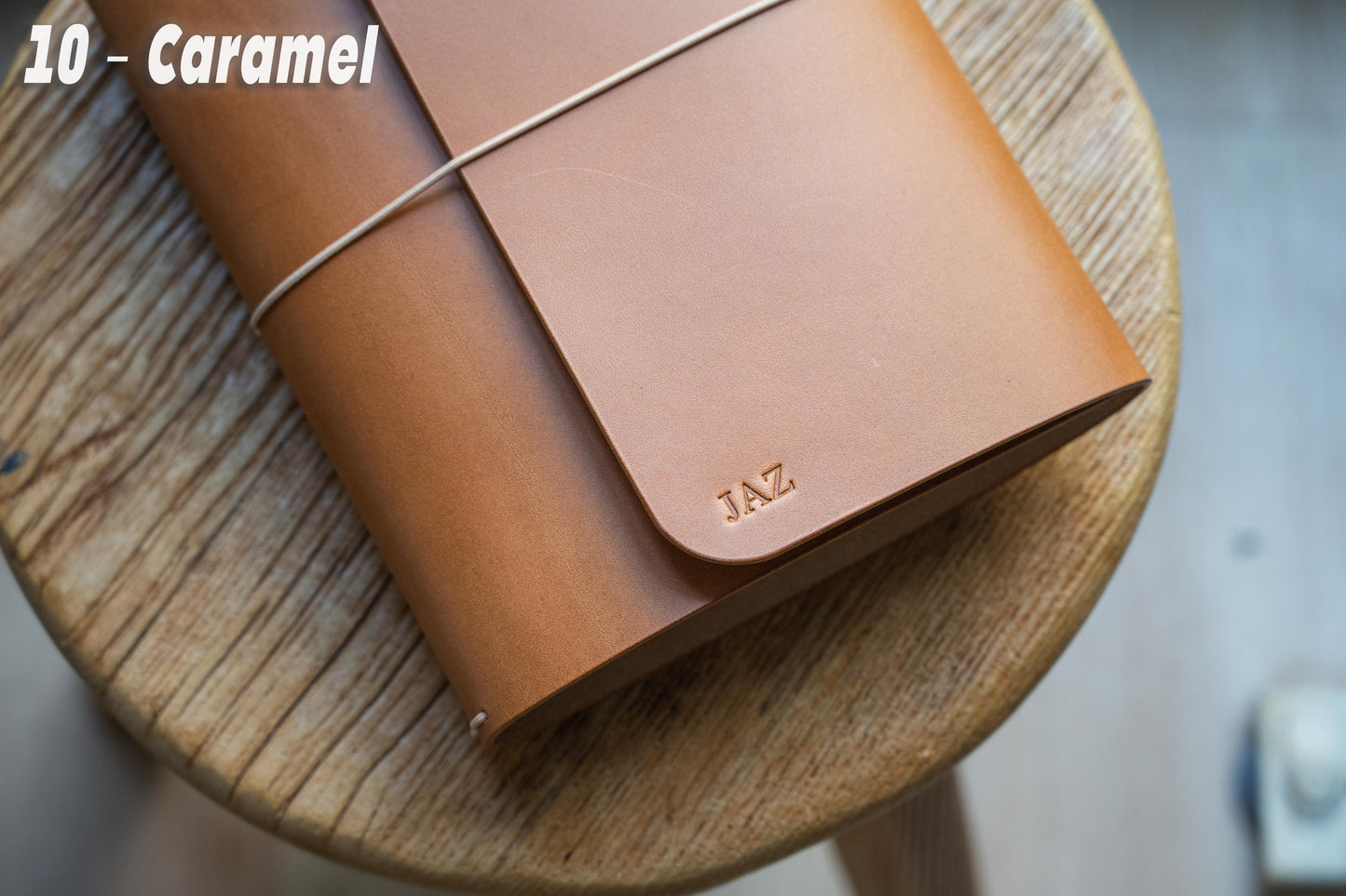 Caramel Buttero Leather Trifold Traveler's Notebook Cover with khaki elastic