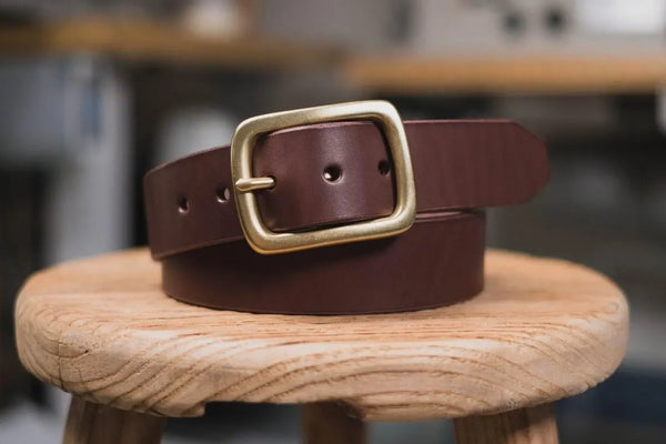 Full-grain Chocolate Leather Garrison Belt - 1.5 inch wide with solid brass buckle