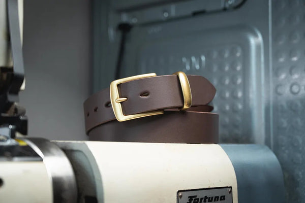Chocolate Vegetable tanned Leather Standard Belt - front view with solid brass buckle and solid brass belt loop