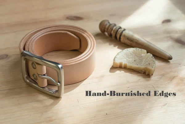 Leather belt - Detail shot of hand-burnished edges