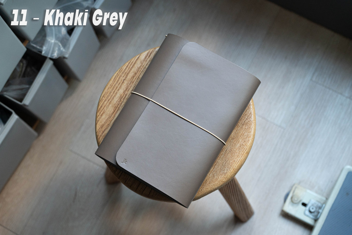 Khaki Grey Buttero Leather Trifold Traveler's Notebook Cover with khaki elastic