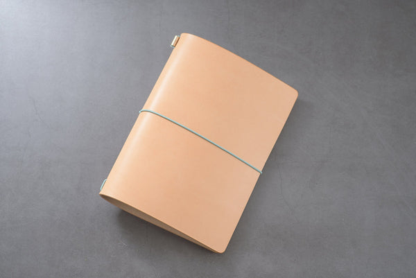 Natural Buttero Leather Traveler's Notebook Cover with sky blue elastic