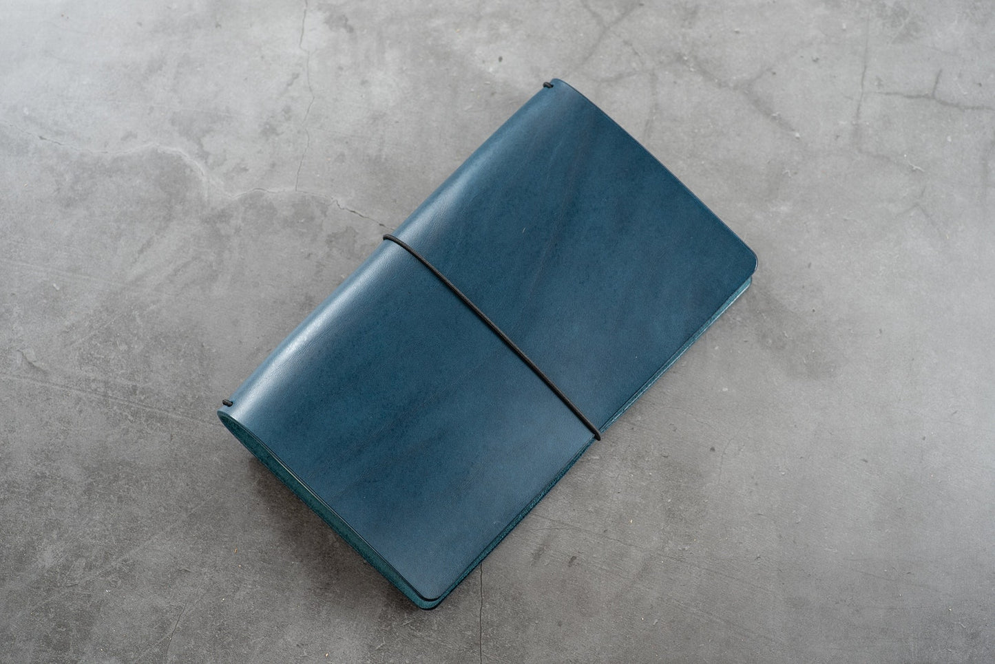 Navy Blue Buttero Leather Traveler's Notebook Cover with black elastic