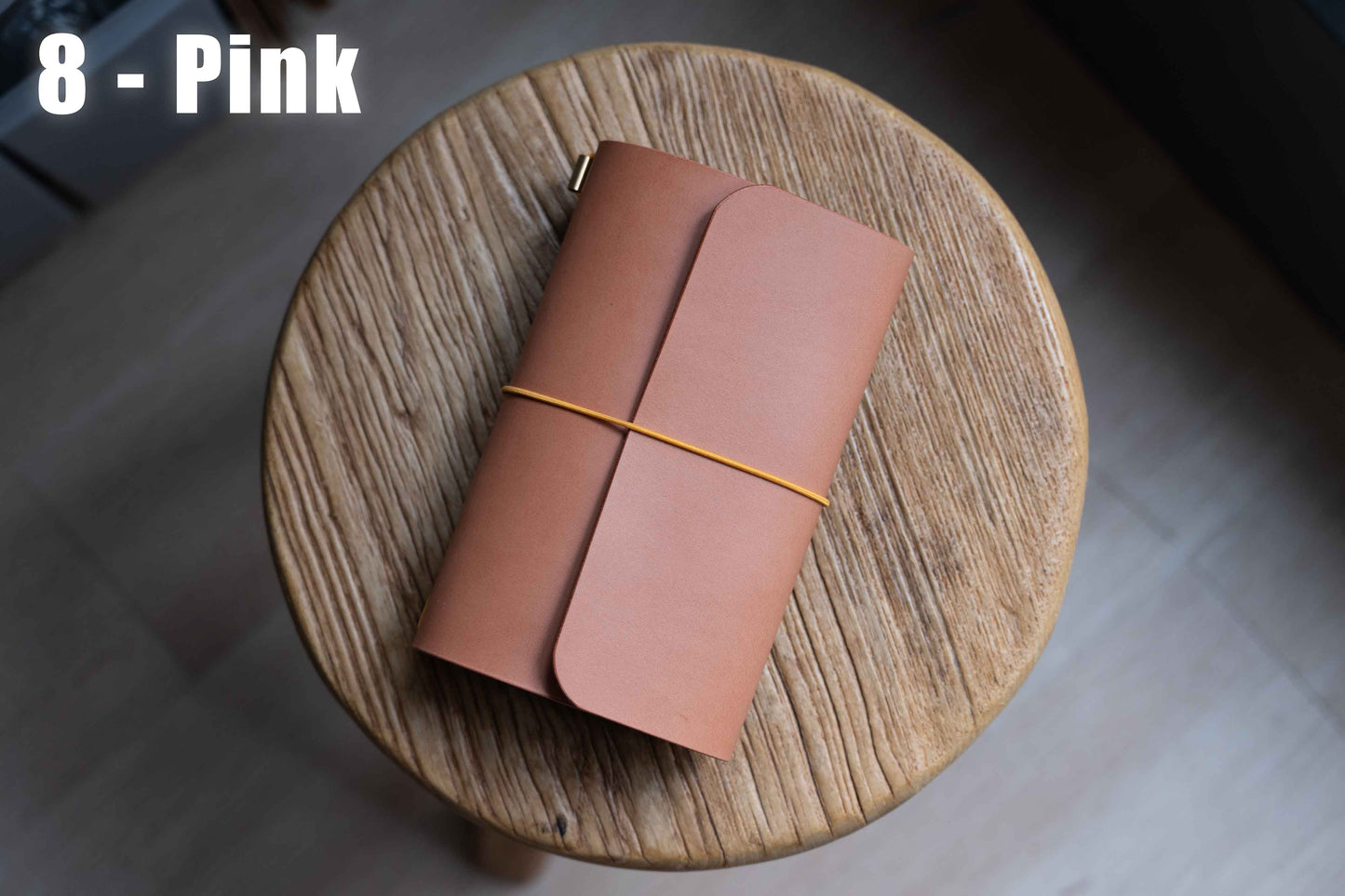 Pink Buttero Leather Trifold Traveler's Notebook Cover with yellow elastic