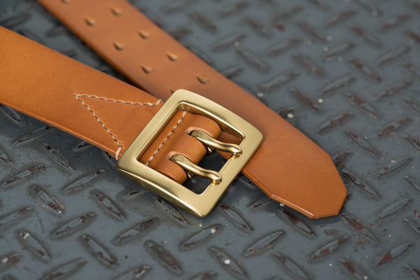 5 COLORS - Brown Vegetable-tanned Leather Stitched Double Garrison Belt (1.5 inch, 38 mm wide)
