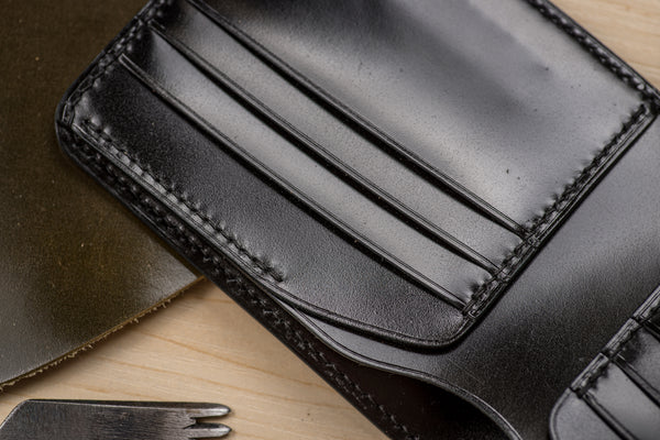 CUSTOMIZABLE - 6-Slot All Black Shell Cordovan Leather Billfold Wallet