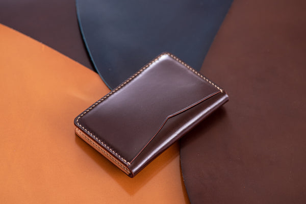 7 COLORS- Burgundy Shell Cordovan & Natural Leather Vertical Card Wallet