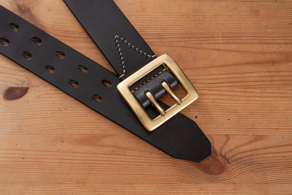 5 COLORS - Black Vegetable-tanned Leather Stitched Double Garrison Belt (1.5 inch, 38 mm wide)