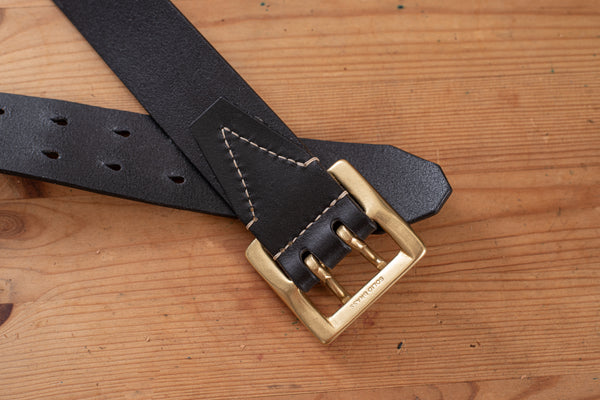 5 COLORS - Black Vegetable-tanned Leather Stitched Double Garrison Belt (1.5 inch, 38 mm wide)