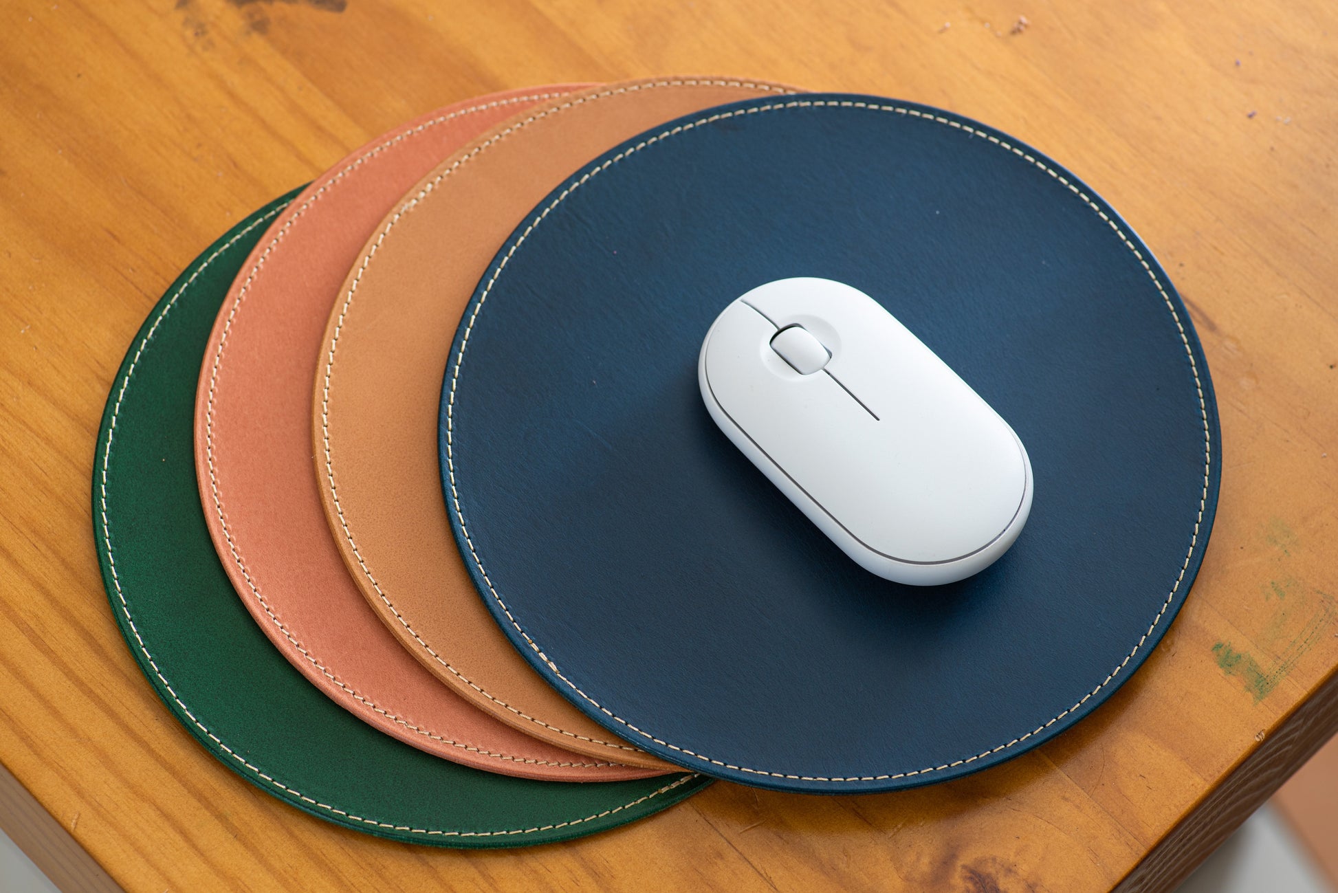 12 COLORS - Stitched Round Buttero Leather Mouse Pad - Eternal Leather Goods