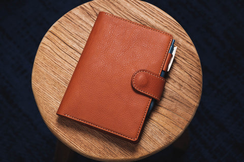 6 COLORS - B6/Stalogy Orange-brown Snap Closure Pebbled Leather Notebook Cover with Card Slots