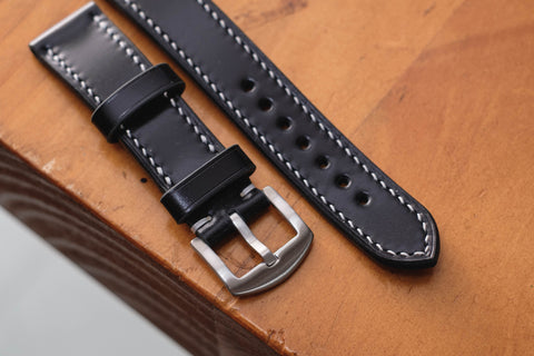 Black Shell Cordovan Leather Tapered Basic Watch Strap (18, 20, 22 and 24 mm)