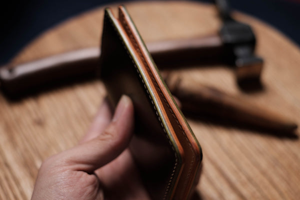 7 COLORS- Olive Green Shell Cordovan & Natural Leather Vertical Card Wallet