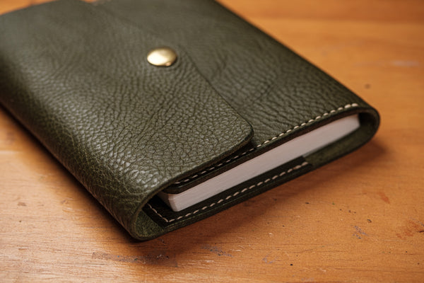 6 COLORS - A6/Hobonichi/Midori MD Olive Green Trifold Pebbled Leather Notebook Cover - Eternal Leather Goods