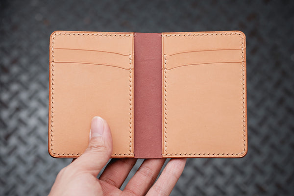 7 COLORS - Burgundy Shell Cordovan & Natural Leather 4-Slot Vertical Card Wallet - Eternal Leather Goods