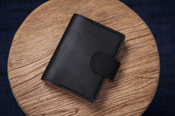 Two-Tone Pocket Black Pebble Leather Ring Organizer with Krause Rings