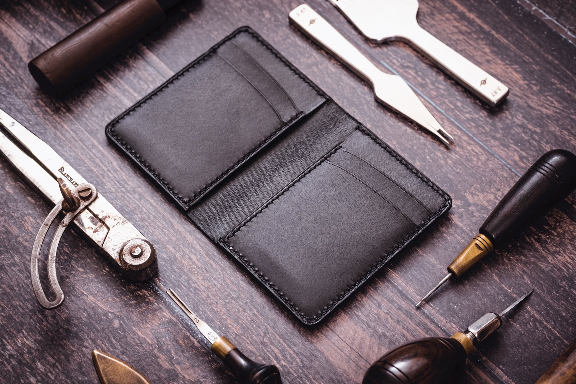 Black Shell Cordovan & Buttero Leather 4-Slot Vertical Card Wallet - Eternal Leather Goods