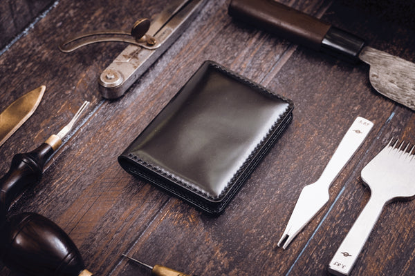 Black Shell Cordovan & Buttero Leather 4-Slot Vertical Card Wallet - Eternal Leather Goods