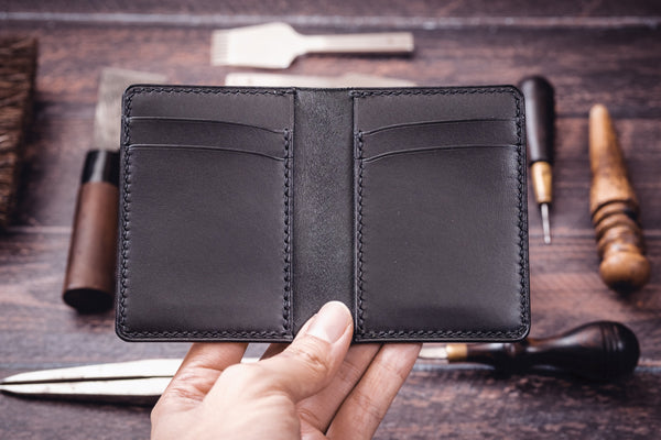 Black Shell Cordovan & Buttero Leather 4-Slot Vertical Card Wallet - Eternal Leather Goods