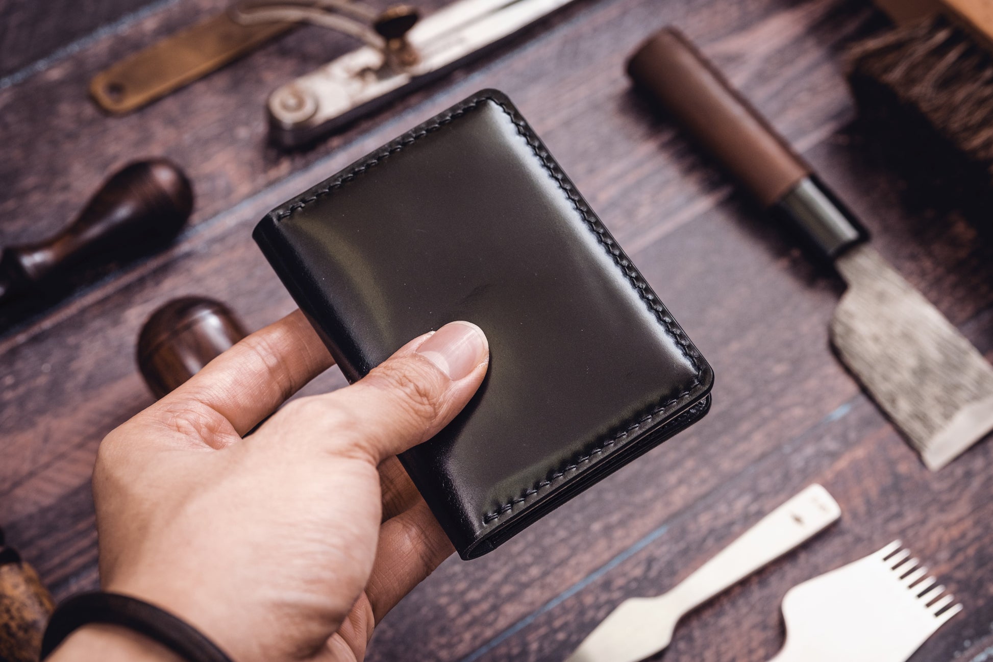 Black Shell Cordovan & Buttero Leather 4-Slot Vertical Card Wallet - Eternal Leather Goods