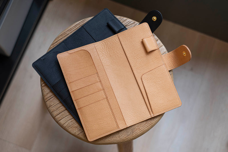 6 COLORS - Lined Weeks Snap Closure Pebbled Leather Notebook Cover with Card Slots