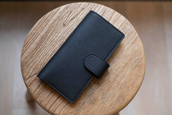 6 COLORS - Lined Weeks Snap Closure Pebbled Leather Notebook Cover with Card Slots