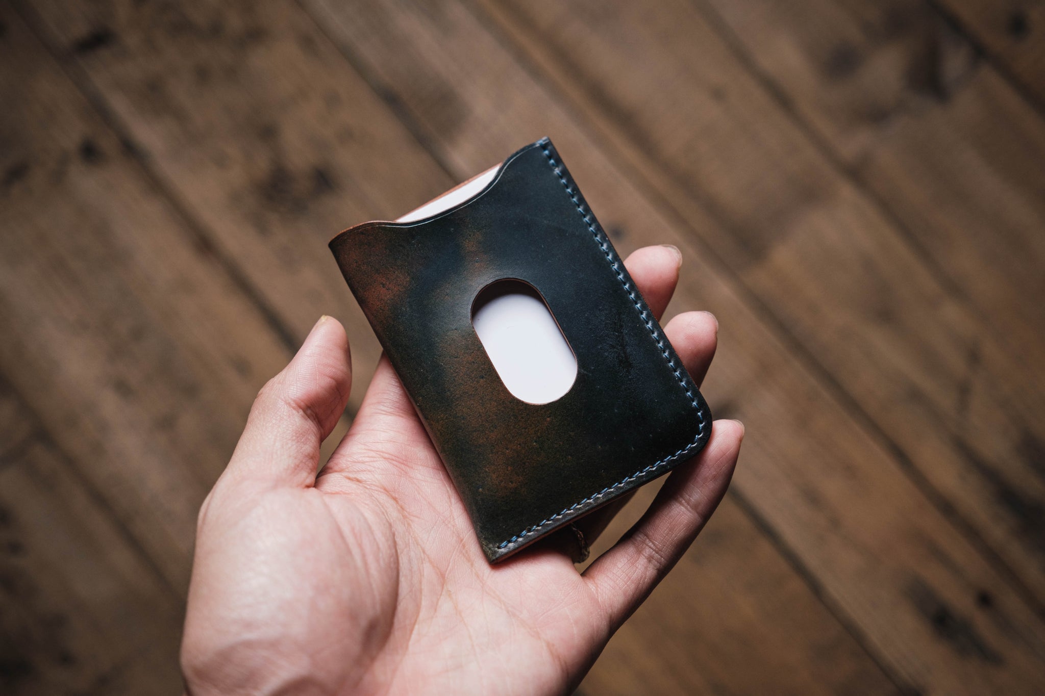 In Stock - Horween Marbled Navy Shell Cordovan Minimalist Wallet