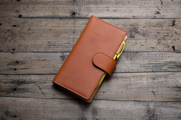 Two-tone Lined Weeks Snap Closure Pebbled Leather Notebook Cover with Card Slots