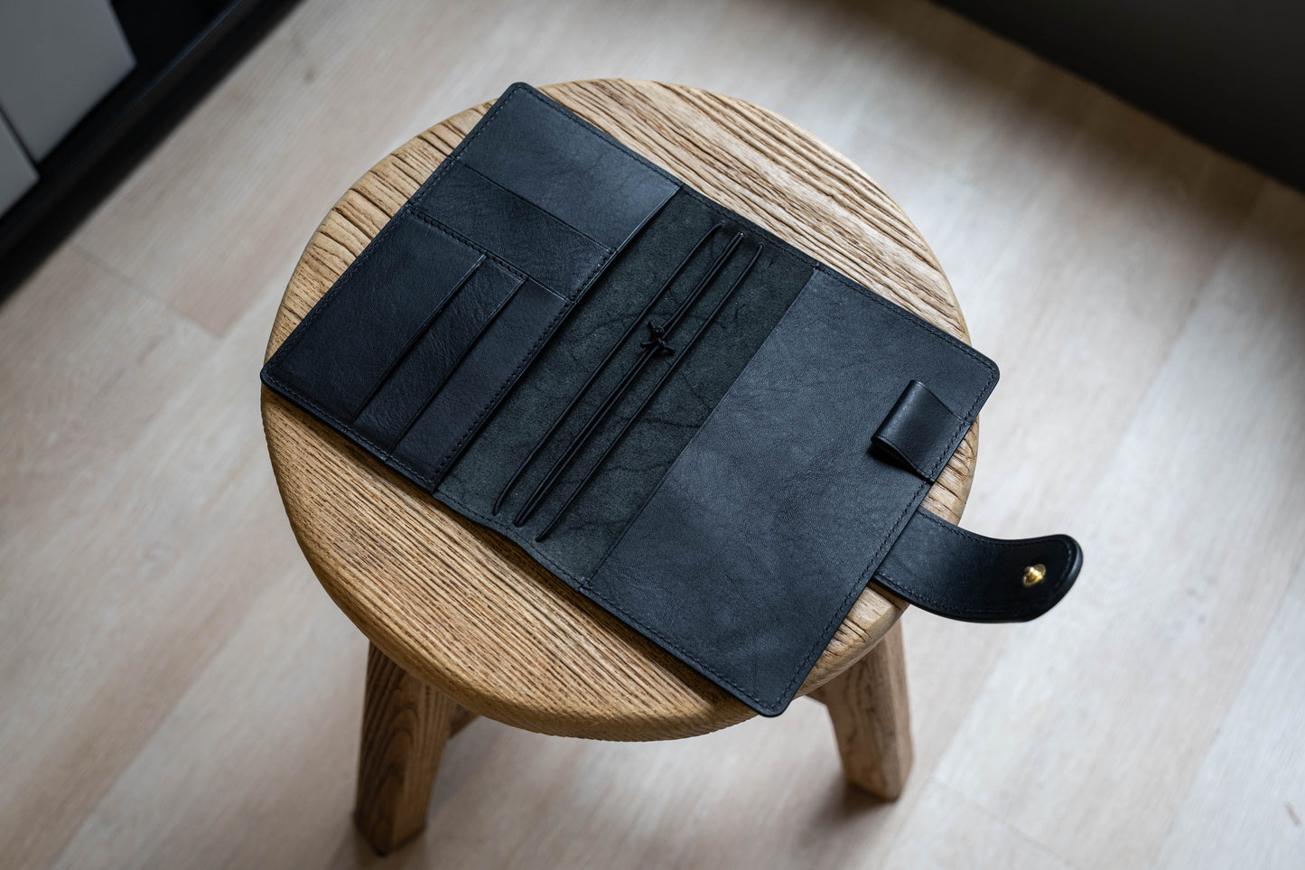 A black leather traveler's notebook with card slots and a snap button closure, displayed closed