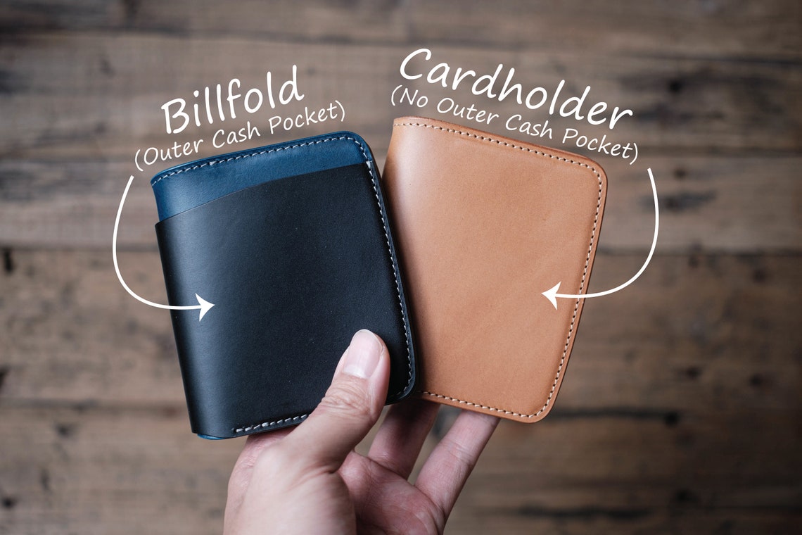 Two leather wallets, one with an outer cash pocket labeled "Billfold (Outer Cash Pocket)" and the other without an outer cash pocket labeled "Cardholder (No Outer Cash Pocket)".