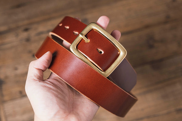 Brown English Bridle Leather Garrison Belt - 1.5 inch wide with solid brass buckle and teardrop holes - front view