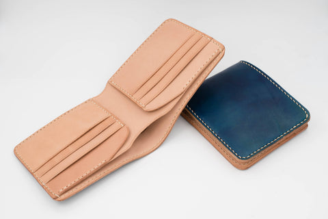 6-Slot Navy Blue & Natural Leather Billfold Wallet for men
