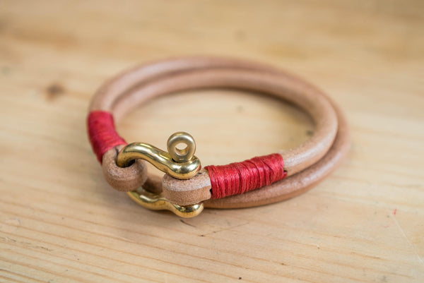 CUSTOMIZABLE - Natural Vegetable-tanned Leather Double Wrap Cord Shackle Bracelet